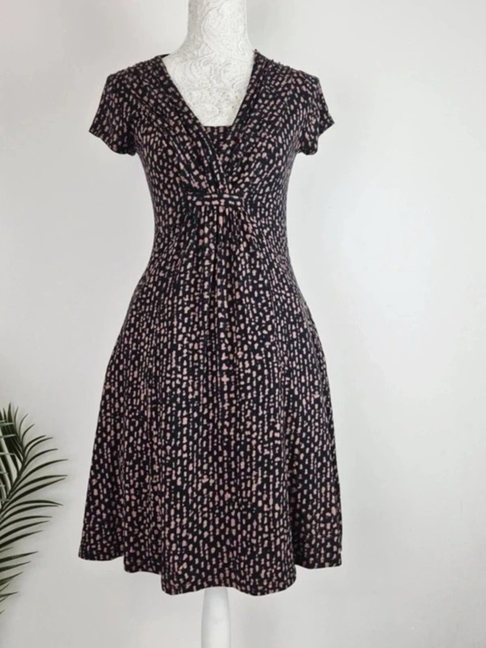 Short-Sleeve Black Maxi Dress with Blush Dot Print